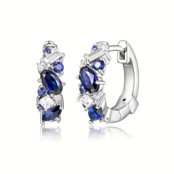 925 Silver Womens 1ct Diamond 2ct Blue Sapphire Gemstone Small Hoop Earrings NEW - Picture 5 of 7